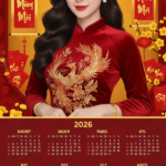 Tạo lịch Tết 2026 với áo dài đỏ và không gian lễ hội rực rỡ