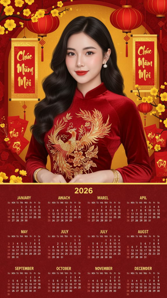 Tạo lịch Tết 2026 với áo dài đỏ và không gian lễ hội rực rỡ