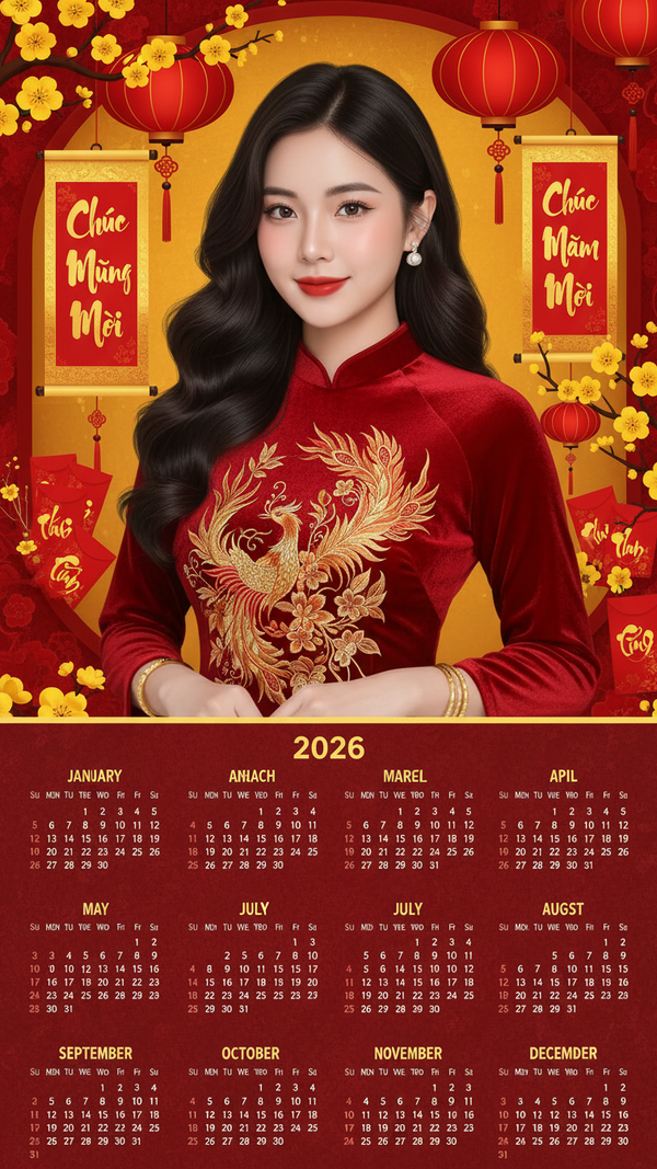 Tạo lịch Tết 2026 với áo dài đỏ và không gian lễ hội rực rỡ