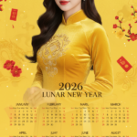 Lịch Tết 2026 với thiết kế áo dài vàng sang trọng và không gian lễ hội rực rỡ