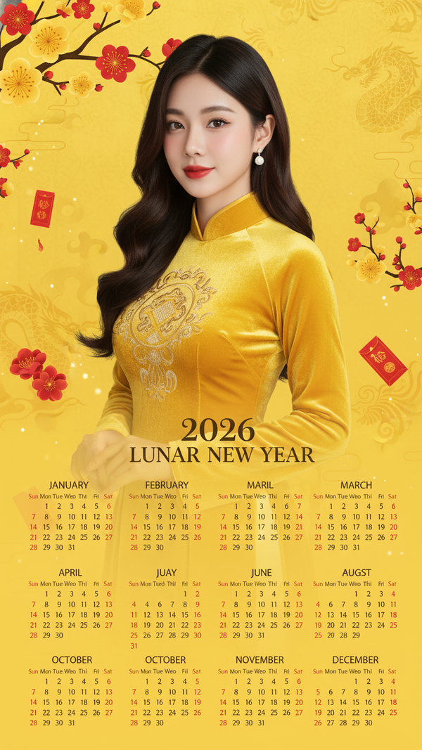Lịch Tết 2026 với thiết kế áo dài vàng sang trọng và không gian lễ hội rực rỡ