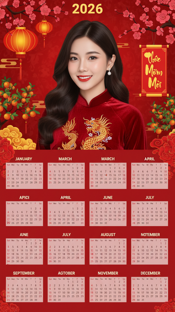Lịch Tết Nguyên Đán 2026 Đầy Sắc Màu và Phong Cách Áo Dài Việt Nam