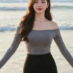 Hình ảnh chân dung thanh lịch của cô gái châu Á bên biển xanh dịu dàng