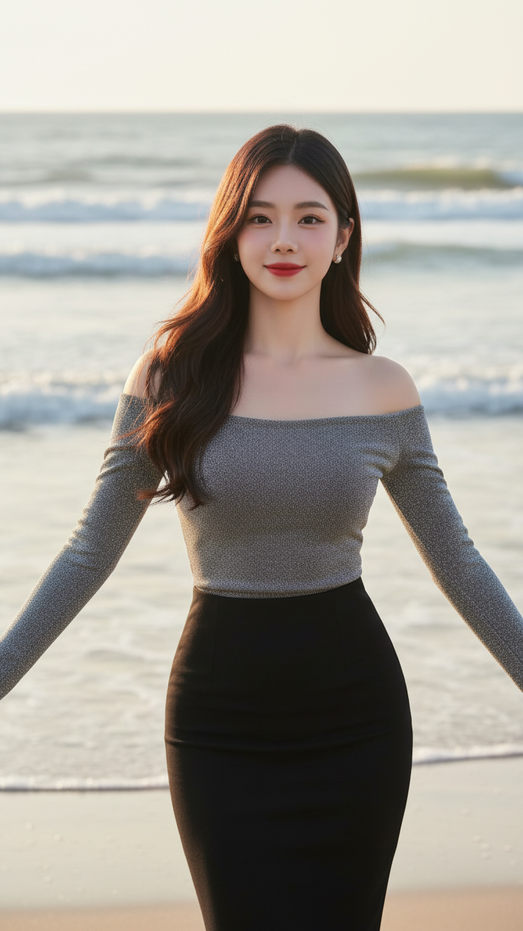 Hình ảnh chân dung thanh lịch của cô gái châu Á bên biển xanh dịu dàng