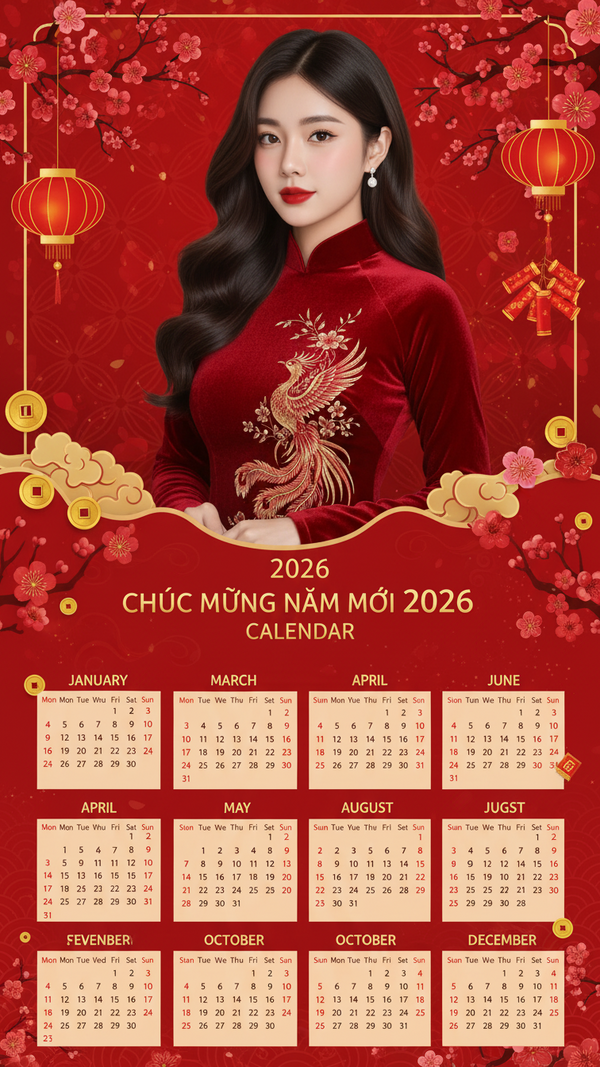 Tạo lịch Tết 2026 với thiết kế áo dài đỏ và màu sắc nổi bật