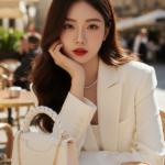 Chân dung thời thượng của cô gái trẻ giữa quán cà phê sang trọng dưới ánh nắng sáng