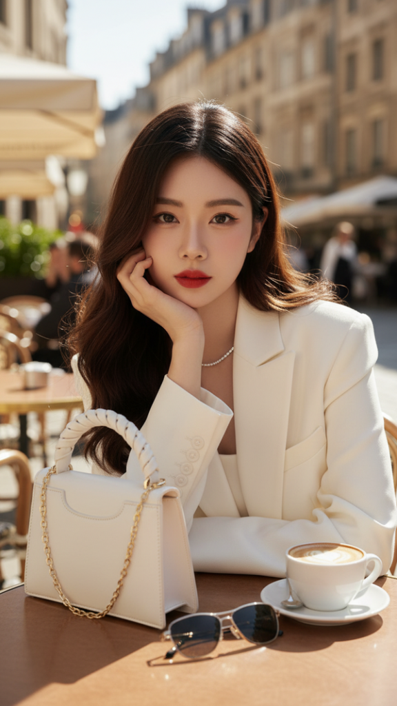 Chân dung thời thượng của cô gái trẻ giữa quán cà phê sang trọng dưới ánh nắng sáng