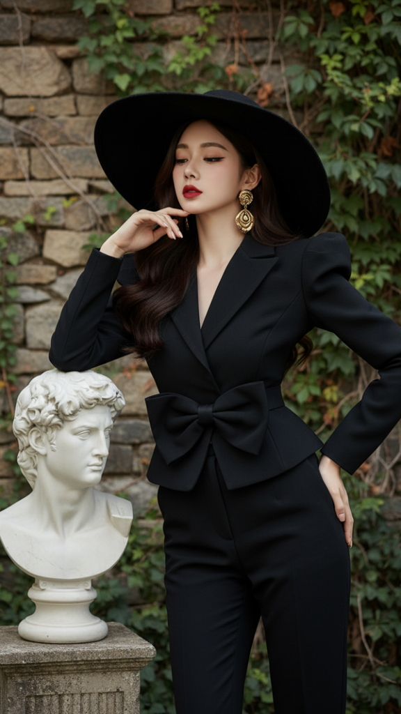 Chân dung thời trang hiện đại bên tượng cổ điển đầy quyến rũ