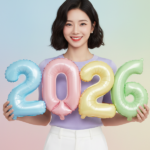 Chân dung cô gái trẻ rạng rỡ bên những con số 2026 đầy màu sắc pastel