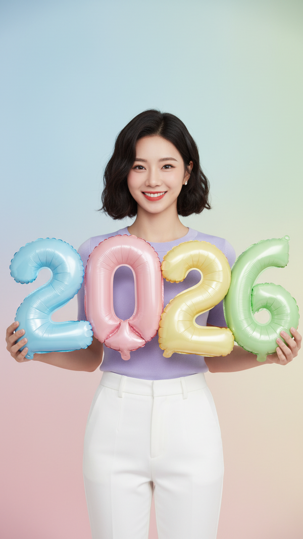 Chân dung cô gái trẻ rạng rỡ bên những con số 2026 đầy màu sắc pastel