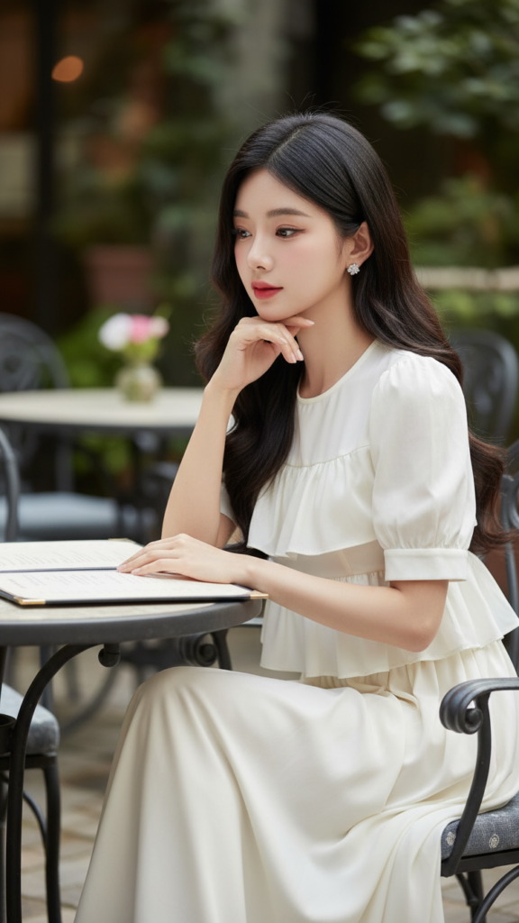 Chân dung nữ sinh thanh lịch giữa không gian quán cà phê ngoài trời sang trọng