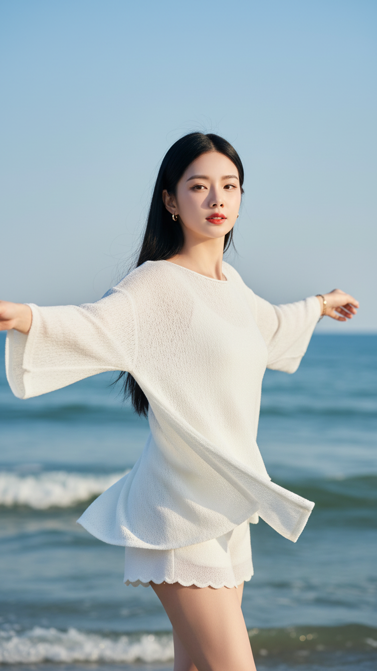 Chân dung cô gái trẻ tự tin bên biển xanh trong trang phục thanh lịch