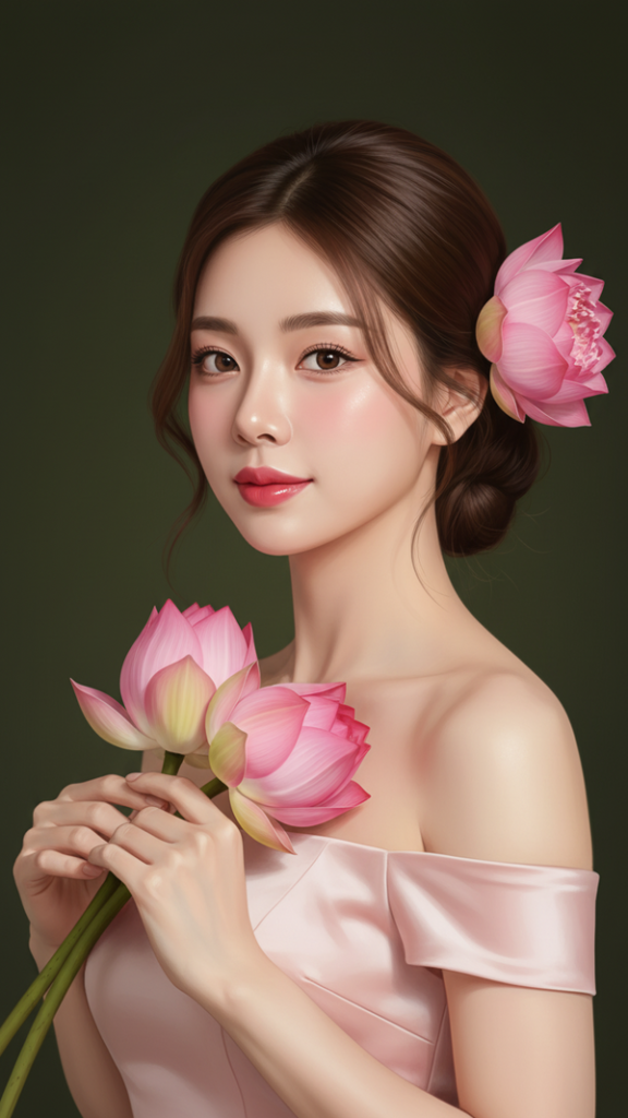 Khắc họa chân dung gần gũi của cô gái trẻ với hoa sen và ánh sáng tự nhiên