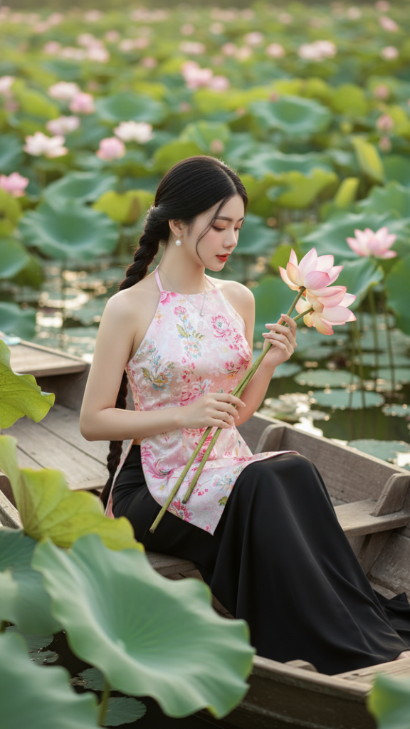 Chân dung thanh lịch của cô gái bên hồ sen đầy cuốn hút và tinh tế