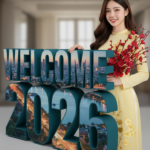 Khắc họa chân dung cô gái trẻ với áo dài mùa Tết và chữ 3D WELCOME 2026 nổi bật