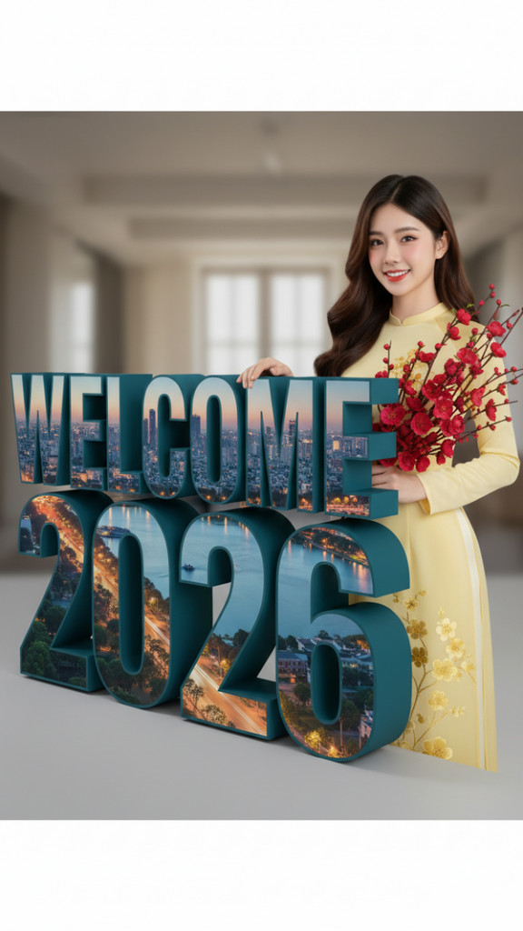 Khắc họa chân dung cô gái trẻ với áo dài mùa Tết và chữ 3D WELCOME 2026 nổi bật