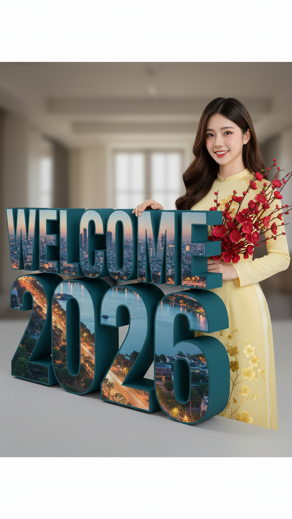 Khắc họa chân dung cô gái trẻ với áo dài mùa Tết và chữ 3D WELCOME 2026 nổi bật