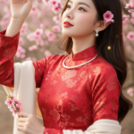 Chân dung cô gái trẻ giữa mùa xuân rực rỡ bên cành hoa đào Nhật Tân