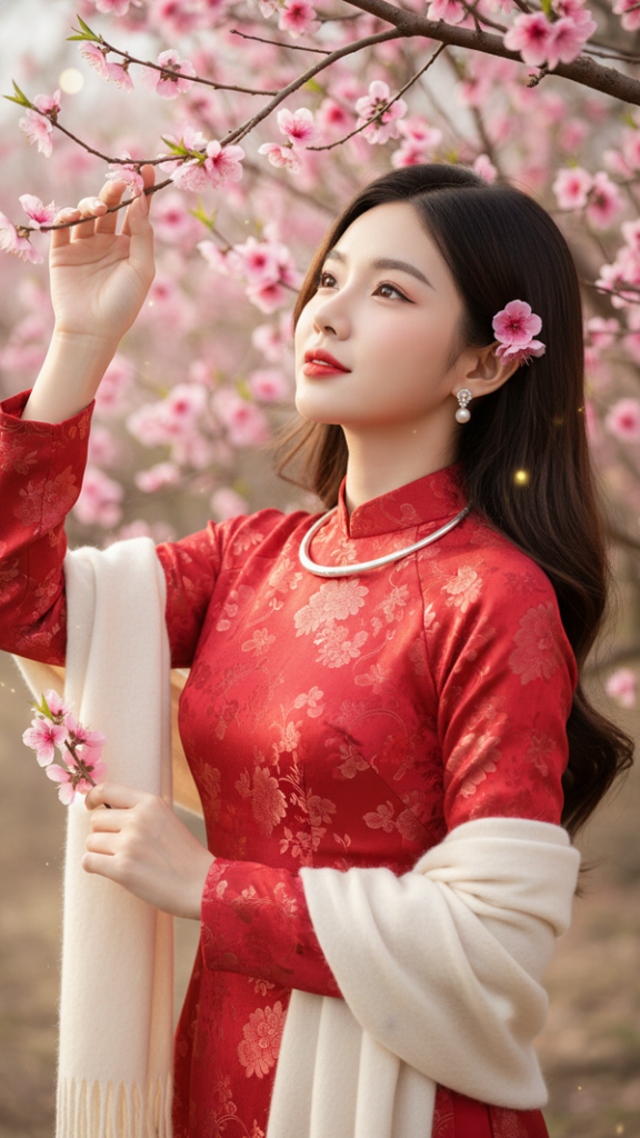 Chân dung cô gái trẻ giữa mùa xuân rực rỡ bên cành hoa đào Nhật Tân
