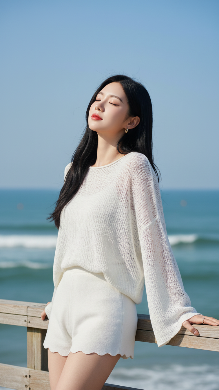 Chân dung thanh lịch của cô gái trẻ bên biển xanh dịu mát