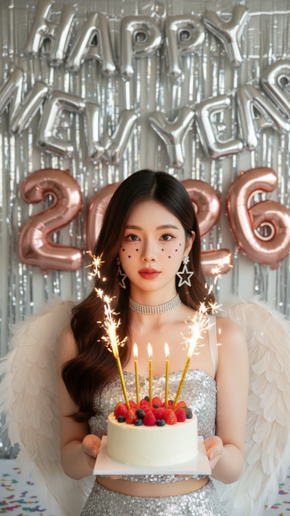 Chân dung cô gái trẻ lấp lánh trong lễ hội đón năm mới 2026 đầy sắc màu