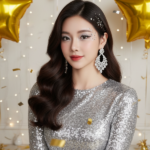 Vẽ chân dung thực tế của cô gái trẻ trong không gian tiệc tùng rực rỡ