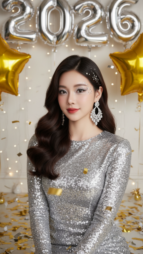 Vẽ chân dung thực tế của cô gái trẻ trong không gian tiệc tùng rực rỡ