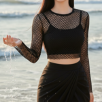 Chân dung thanh lịch của cô gái trẻ bên bờ biển trong ánh nắng ấm áp