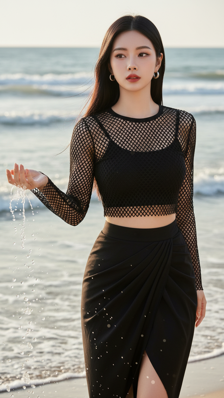 Chân dung thanh lịch của cô gái trẻ bên bờ biển trong ánh nắng ấm áp