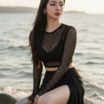 Chân dung thanh lịch của cô gái trẻ bên bờ biển rực rỡ ánh nắng