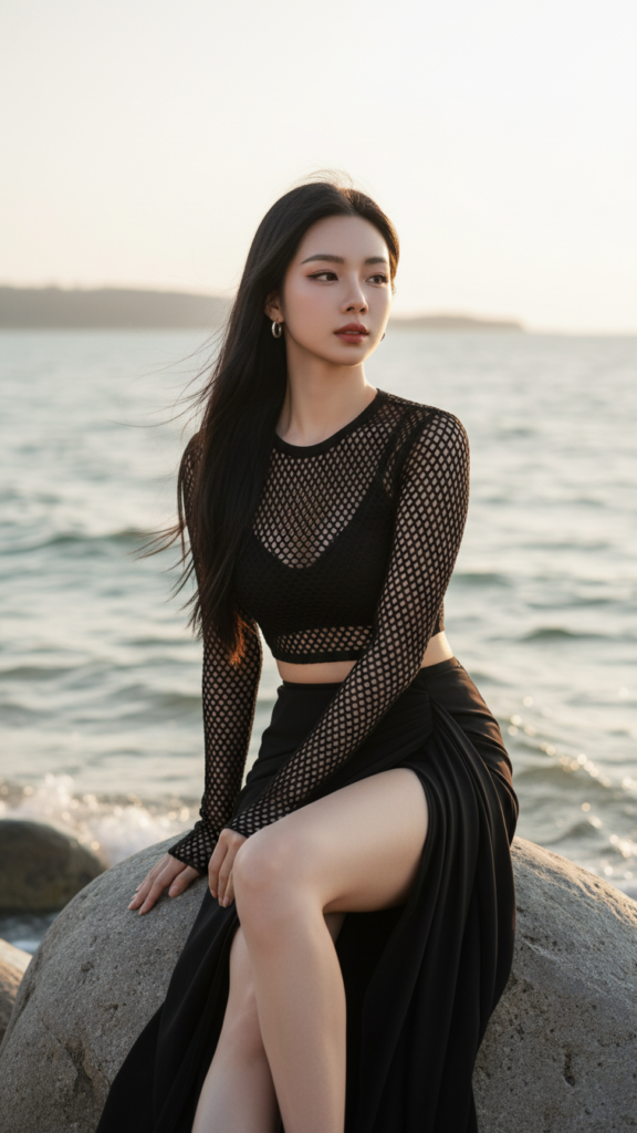 Chân dung thanh lịch của cô gái trẻ bên bờ biển rực rỡ ánh nắng