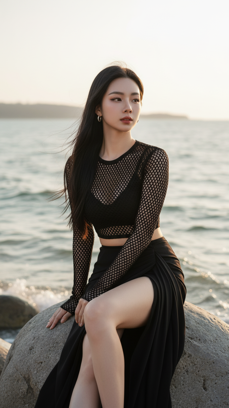 Chân dung thanh lịch của cô gái trẻ bên bờ biển rực rỡ ánh nắng