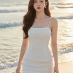 Chân dung cô gái trẻ duyên dáng bên bờ biển đầy phong cách thời trang