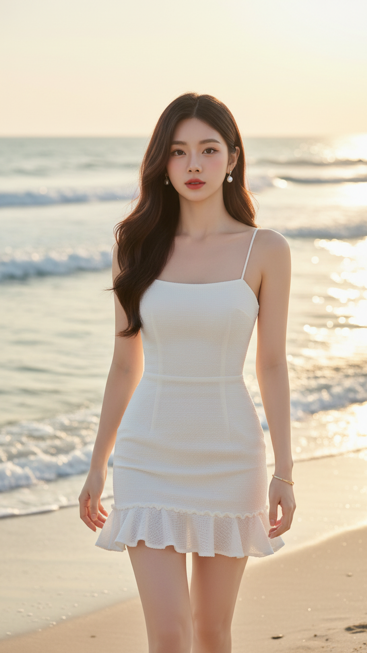 Chân dung cô gái trẻ duyên dáng bên bờ biển đầy phong cách thời trang