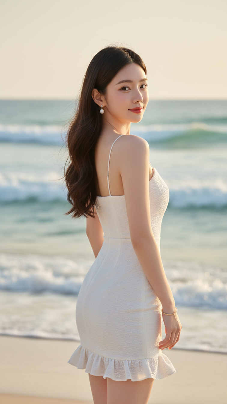 Chân dung cô gái trẻ bên bãi biển với phong cách tự nhiên và thanh lịch
