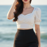 Chân dung cô gái trẻ thanh lịch bên biển với phong cách thời trang hiện đại