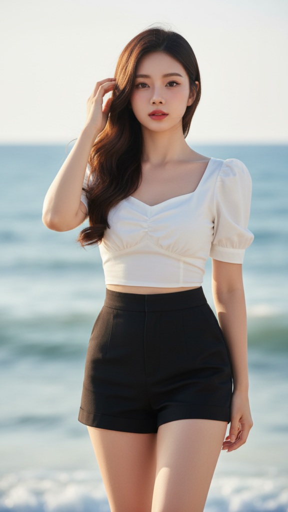 Chân dung cô gái trẻ thanh lịch bên biển với phong cách thời trang hiện đại