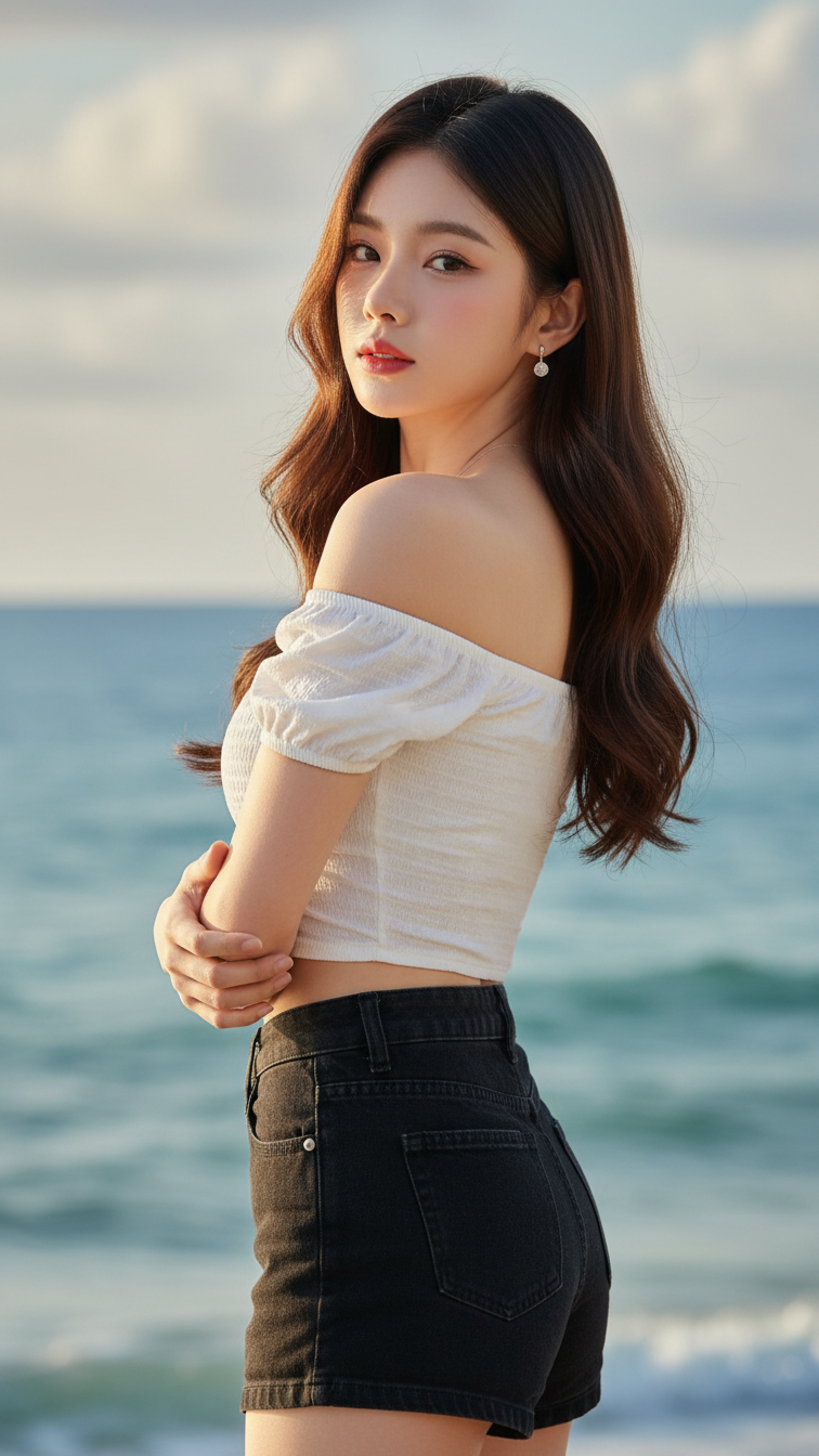 Chân dung thanh lịch của cô gái trẻ bên biển đầy quyến rũ và tinh tế