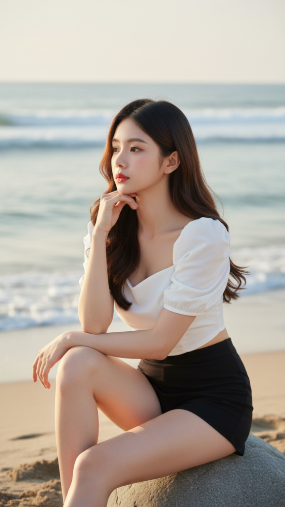 Bức chân dung thanh lịch của cô gái trẻ bên bờ biển trong ánh sáng tự nhiên