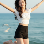 Chân dung cô gái trẻ bên biển với phong cách thời trang hiện đại và tự nhiên