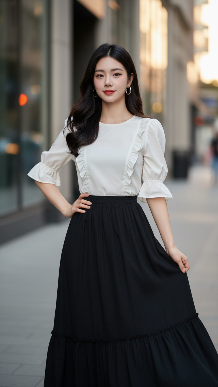 Tạo chân dung một cô gái trẻ tự tin và thanh lịch trong bối cảnh phố xá hiện đại