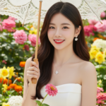 Chân dung cô gái trẻ xinh đẹp bên vườn hoa rực rỡ đầy sức sống