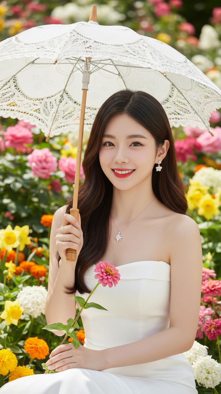 Chân dung cô gái trẻ xinh đẹp bên vườn hoa rực rỡ đầy sức sống