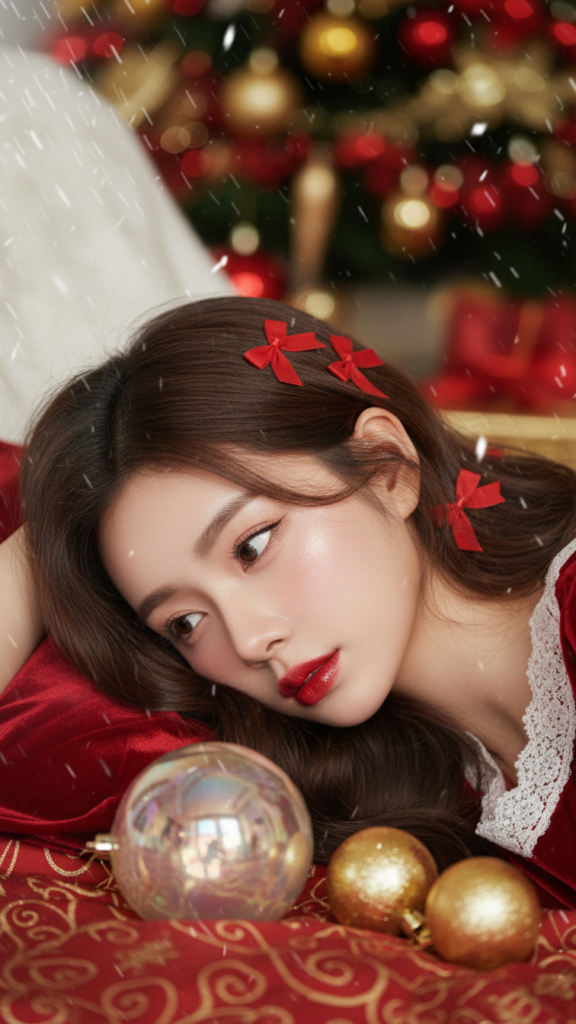 Chân dung phụ nữ trẻ giữa không gian Giáng sinh rực rỡ sắc đỏ và vàng