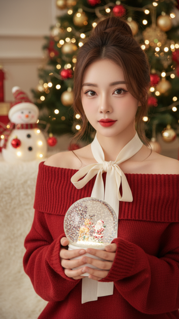Chân dung siêu thực của cô gái trẻ trong không gian Giáng Sinh ấm áp và dịu dàng.