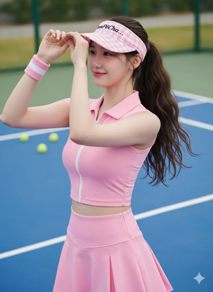 Cô gái trẻ diện thời trang thể thao nổi bật trên sân ngoài trời đầy phong cách