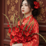 Chân dung cô gái xinh đẹp với áo dài đỏ và hoa lay ơn trong bầu không khí Tết truyền thống