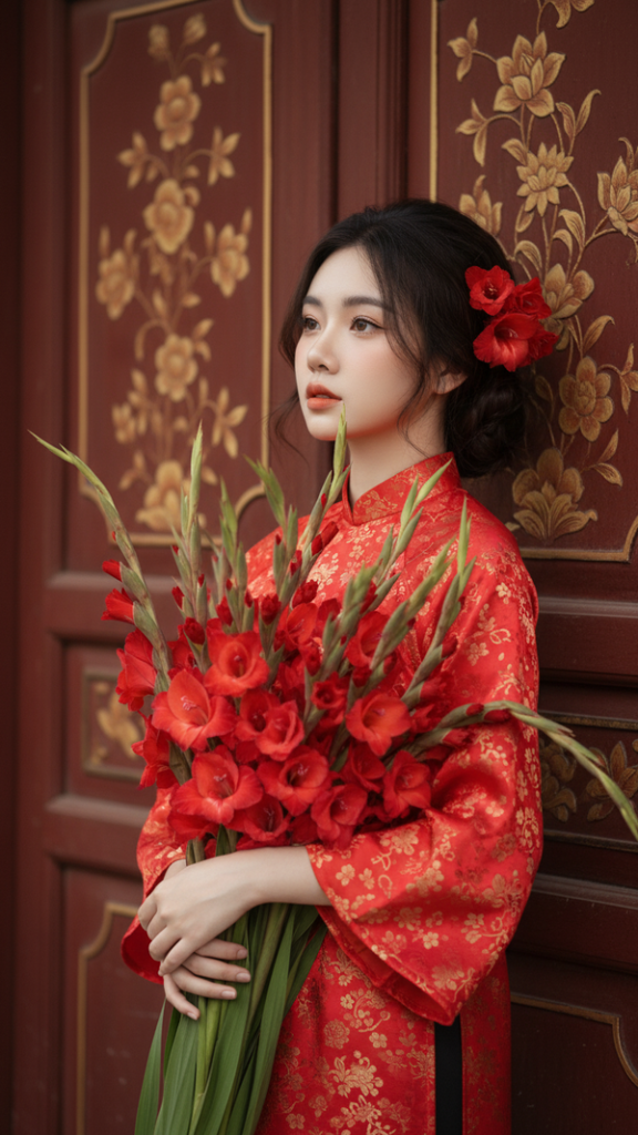 Chân dung cô gái xinh đẹp với áo dài đỏ và hoa lay ơn trong bầu không khí Tết truyền thống