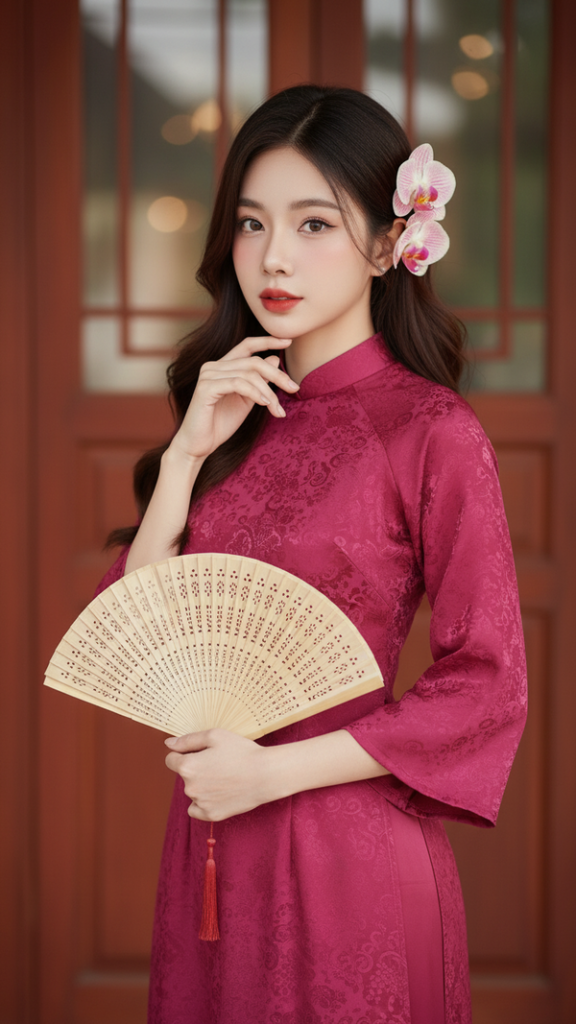 Chân dung cô gái trẻ xinh đẹp trong sắc hồng đào và văn hóa Việt Nam ấm áp