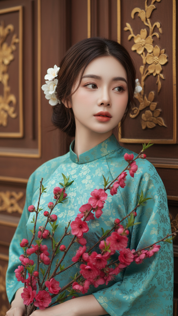 Bức chân dung cô gái xinh đẹp trong trang phục áo dài truyền thống và không khí Tết ấm áp